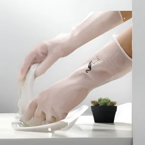 Durable long rubber cleaning gloves for kitchen dishwashing and waterproof household chores use.