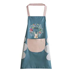 Waterproof Coral Fleece Kitchen Apron Cute Cartoon Rabbit Print Wiping Hands Pocket Halter Apron For Women