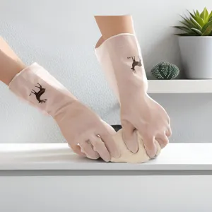 Long household rubber dishwashing gloves with cute deer print for kitchen cleaning.