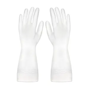 Close-up of durable white household latex cleaning gloves detail view for housework.