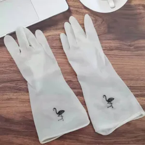 Gants de ménage en latex blanc avec joli motif de flamant rose pour vaisselle et tâches