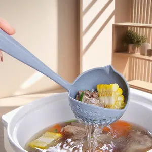 Wheat straw 2-in-1 kitchen soup spoon and colander with long handle for hot pot cooking.
