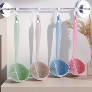Wheat straw kitchen soup ladle and colander two-in-one long handle filter spoon for cooking.