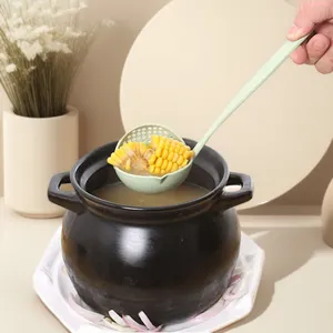 Wheat straw kitchen soup ladle colander 2-in-1 tool, long handle draining spoon for hot pot.