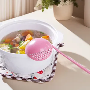 Wheat straw soup spoon and colander two-in-one, long handle kitchen tableware detail view.