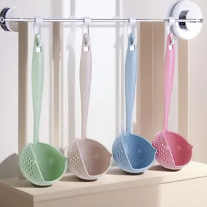 Wheat straw kitchen colander spoon, long handle filter soup ladle for hot pot cooking.
