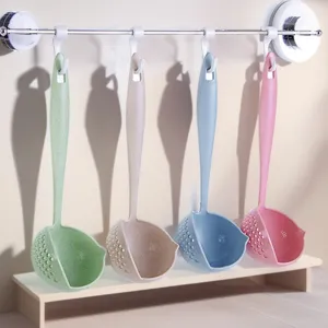 Kitchen wheat straw two-in-one soup spoon and colander with long handle in four colors.