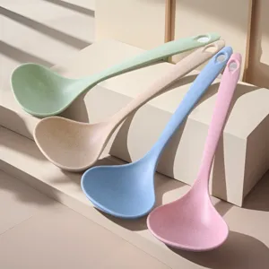 Detail view of wheat straw kitchen soup ladle, long handle multi-color tableware for hot pot.