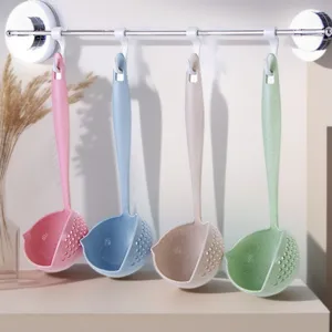Wheat straw 2-in-1 kitchen soup spoon and colander with long handle, colorful tableware.