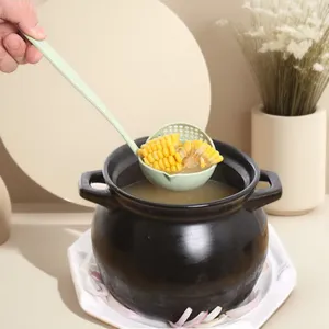 Wheat straw 2-in-1 kitchen soup spoon and colander with long handle for hot pot cooking.