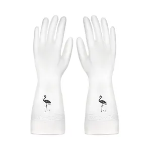 Gants de ménage en caoutchouc blanc affichage principal paire avec joli imprimé flamant.