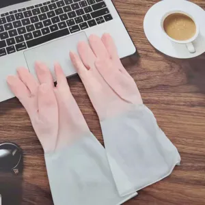 Detail shot of long waterproof household cleaning gloves for washing dishes and laundry.