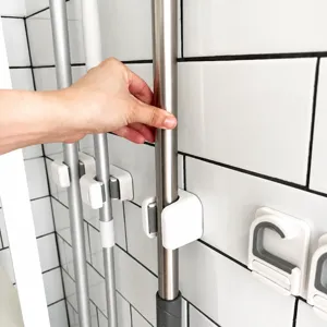 Wall Mounted Mop Holder Broom Organizer Utility Hook Punch Free Storage Rack For Bathroom Kitchen Home Plastic