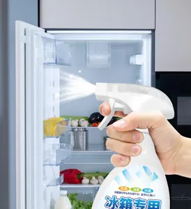 Vue détaillée du flacon pulvérisateur de nettoyant pour réfrigérateur en cours d'utilisation.