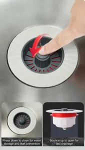 Détail du filtre d'évier de cuisine montrant le mécanisme à rebond et son fonctionnement.