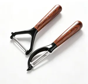 Detail shot of kitchen peelers featuring wood-grain handles and dual stainless steel blades.