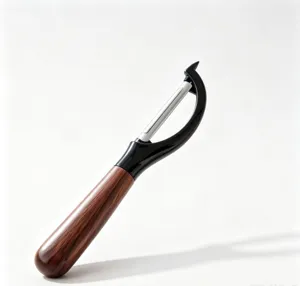 Wooden handle fruit vegetable peeler kitchen potato peeling tool with stainless steel blade.