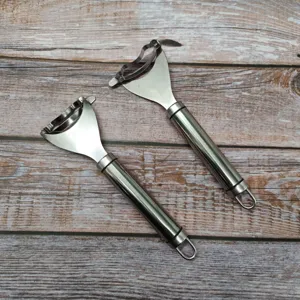 Pelapatate e grattugia per verdure in acciaio inossidabile dettaglio, utensile da cucina.
