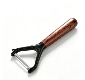 Stainless steel double blade and wood grain handle detail of kitchen fruit vegetable peeler