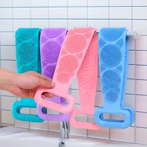 Silicone back scrubber for shower, soft exfoliating bath brush with handles for body cleaning.