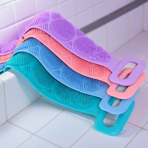 Silicone bath body scrubber detail view showing dual-sided massage texture and colorful handles.