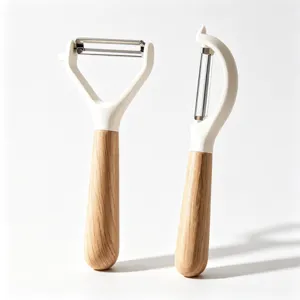 Wooden handle kitchen fruit and vegetable peeler set, dual stainless steel blade potato slicer