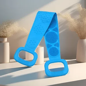 Silicone back scrubber for shower with massage bumps and handles for easy deep cleaning.