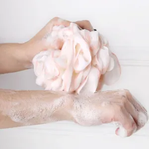 Large mesh shower puff bath sponge for body washing with rich bubbles generating easy foam.