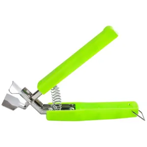 Stainless steel anti-scalding bowl gripper with green plastic handle for kitchen safety.
