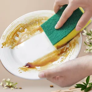 Kitchen cleaning sponge detail showing dual-layer scouring pad scrubbing stained plate.
