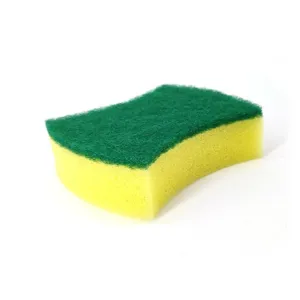 Close-up of yellow and green dual-side kitchen cleaning sponge, ideal for dishwashing.