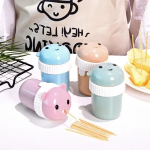 Cute plastic cartoon bear toothpick holder portable round container for home kitchen table decor