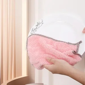 Pink pineapple grid absorbent kitchen towel with checkered edge for daily dish washing.