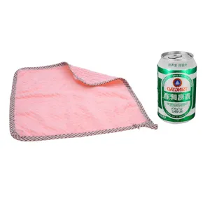 Pink microfiber dish towel with grid border, soft absorbent cleaning rag for kitchen use.