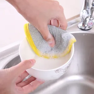 Double-sided dishwashing sponge scrub pad for kitchen pot and bowl cleaning silver yellow