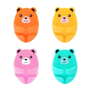 Cute cartoon bear plug holder detail, colorful wall hook for home kitchen cable management.