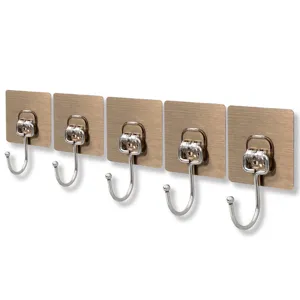 Heavy duty self adhesive wall hooks, 5 pack stainless steel hangers for home organization.