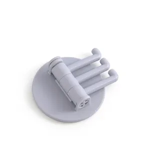 Rotating 3-prong adhesive wall hook for kitchen and bathroom, grey plastic sticky hanger.