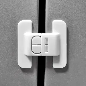 Child safety lock for refrigerator door and cabinet, white plastic child proof latch detail view.