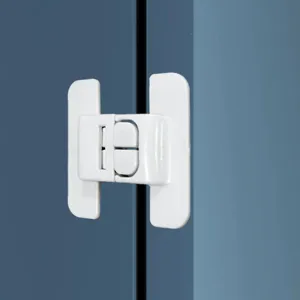 Child safety lock for refrigerator door and drawers, punch-free white plastic protective catch.