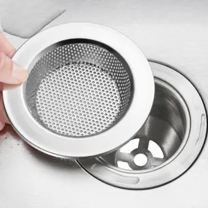 Stainless steel sink strainer detail showing anti-clogging filter mesh and thickened edge.