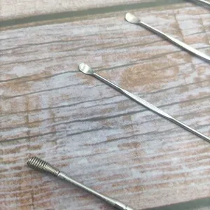 Stainless steel ear pick detail, precision spoon and spiral spring tool for daily cleaning.