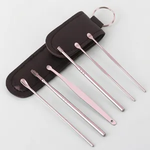 Professional stainless steel ear pick set with portable leather case for daily care