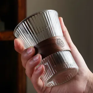 Vertical Stripe High Borosilicate Glass Water Cup Heat Insulation Tea Coffee Mug With Wooden Sleeve Home Kitchen Drinkware