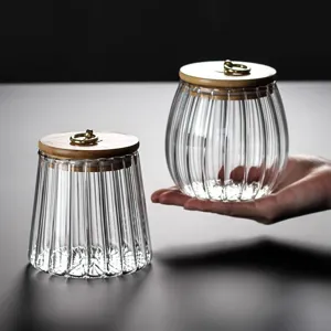 Clear Glass Tea Canister With Bamboo Lid Airtight Food Storage Jar Transparent Vertical Stripe Kitchen Container