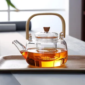 Teiera in Vetro Borosilicato Resistente al Calore Con Manico in Bambù Grande Capacità Bollitore per Tè