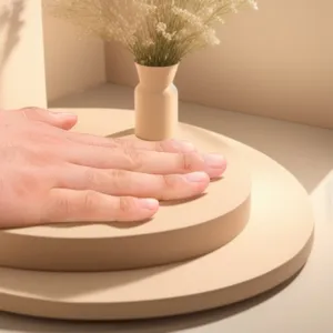 Minimalist beige display podium stage with hand touch for product photography backdrop