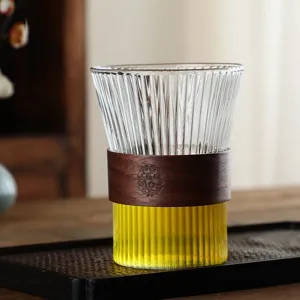 Vertical stripe glass cup with wooden insulation band, heat-resistant tea coffee mug.