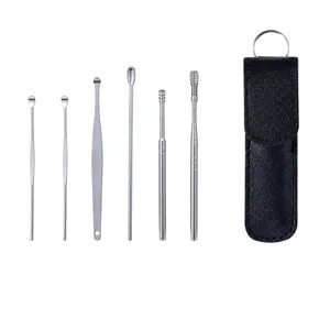 Stainless steel ear pick set 6 pieces with black storage pouch for daily ear cleaning tool