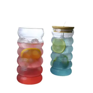 High borosilicate glass cup with wood lid, ripple design water juice cup for daily home use.